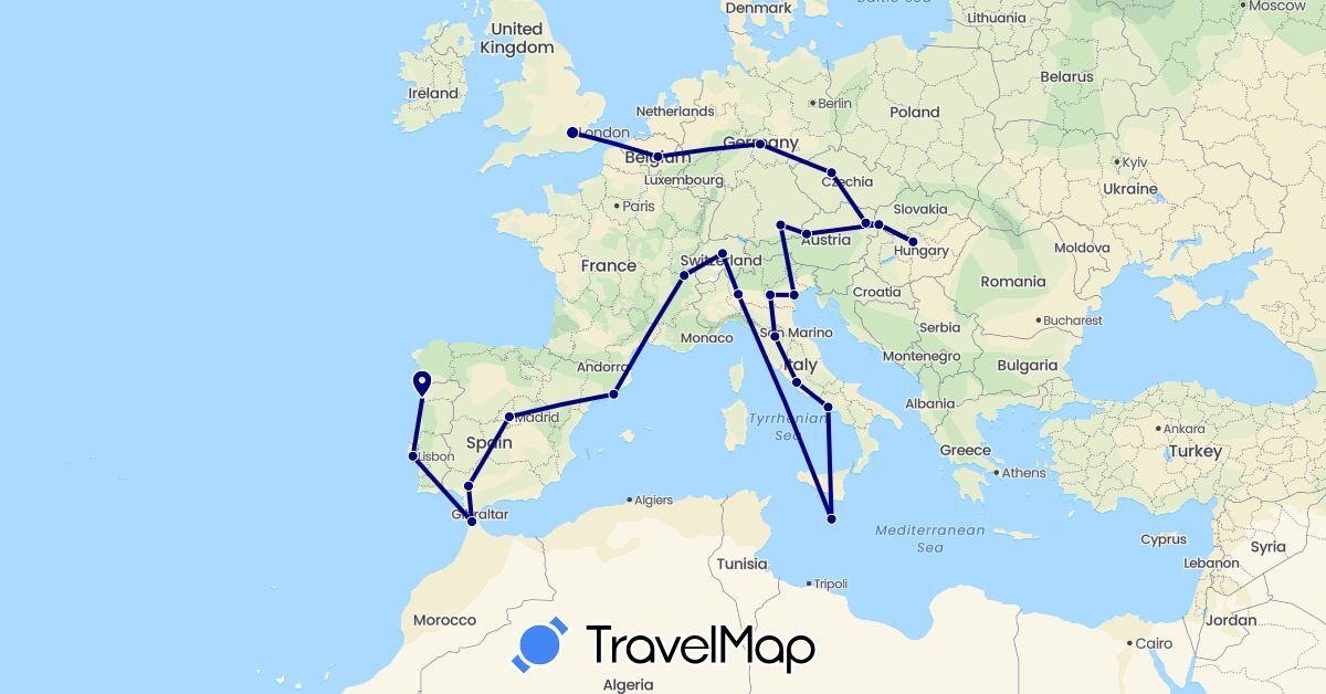 TravelMap itinerary: driving in Austria, Belgium, Switzerland, Czech Republic, Germany, Spain, United Kingdom, Hungary, Italy, Morocco, Malta, Portugal, Slovakia (Africa, Europe)